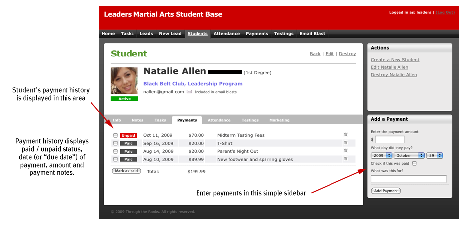 Student Detail (payments) Screenshot